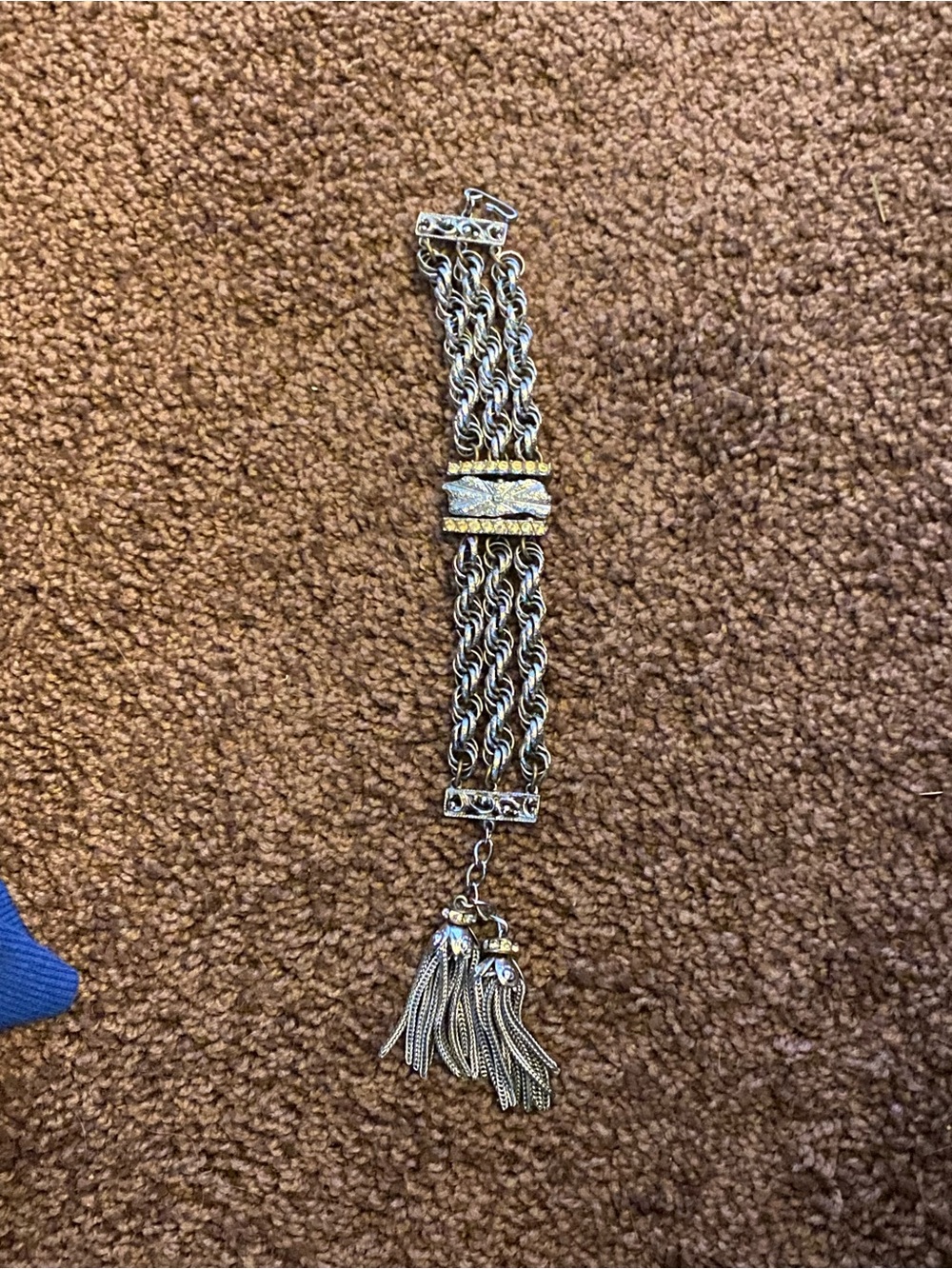(JE02) Vintage Signed Hobe Silver and Gold Two-Tone Chain Tassel Bracelet